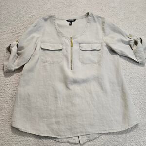 Ellen Tracy 100% Linen Tunic Top 1/2 Zip 3/4 Roll Tab Sleeve Size L Beige